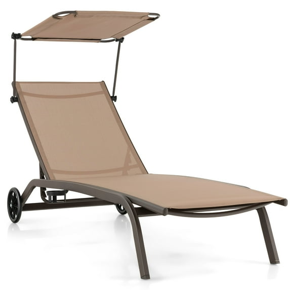 Topbuy Outdoor Chaise Lounge Chair Mobile Tanning Chair w/ 6 Reclining Positions Adjustable Canopy Shade Cup Holder & Wheels