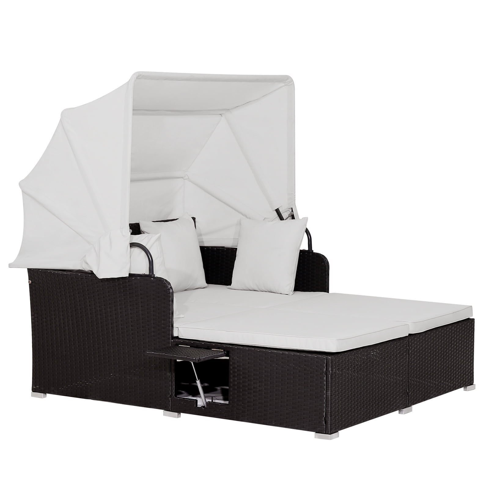Black Wicker Outdoor Daybed with Off-White Cushions and Canopy