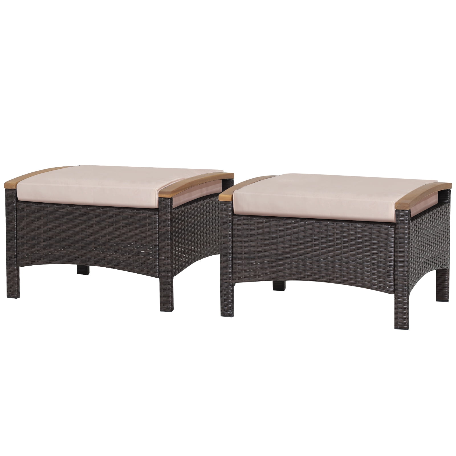 Beige PE Wicker Patio Ottomans with Acacia Wood Handles