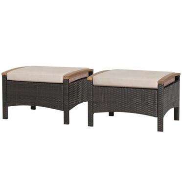 BLACK JAGUAR Outdoor PE Wicker Ottoman Set of 2 Patio Rattan Footrest Seat with Soft Cushions & Curved Acacia Wood Handles Beige