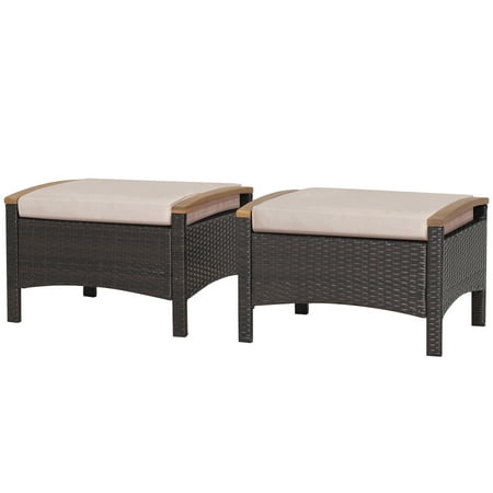 Topbuy Outdoor PE Wicker Ottoman Set of 2 Patio Rattan Footrest Seat with Soft Cushions & Curved Acacia Wood Handles Beige