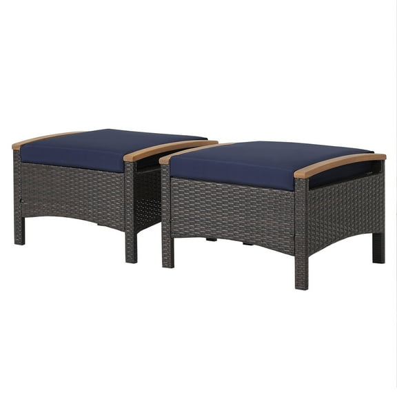 BLACK JAGUAR Outdoor PE Wicker Ottoman Set of 2 Patio Rattan Footrest Seat with Soft Cushions & Curved Acacia Wood Handles Navy Blue