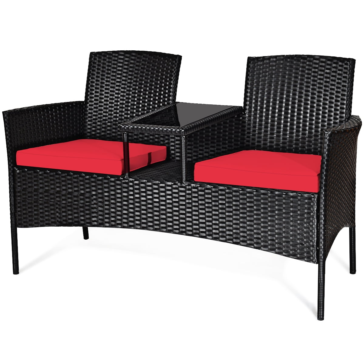Compact Black Wicker Patio Loveseat with Red Cushions and Glass Table