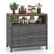Topbuy Outdoor Rattan Storage Cabinet Patio Sideboard Buffet Cabinet with Acacia Wood Countertop Grey