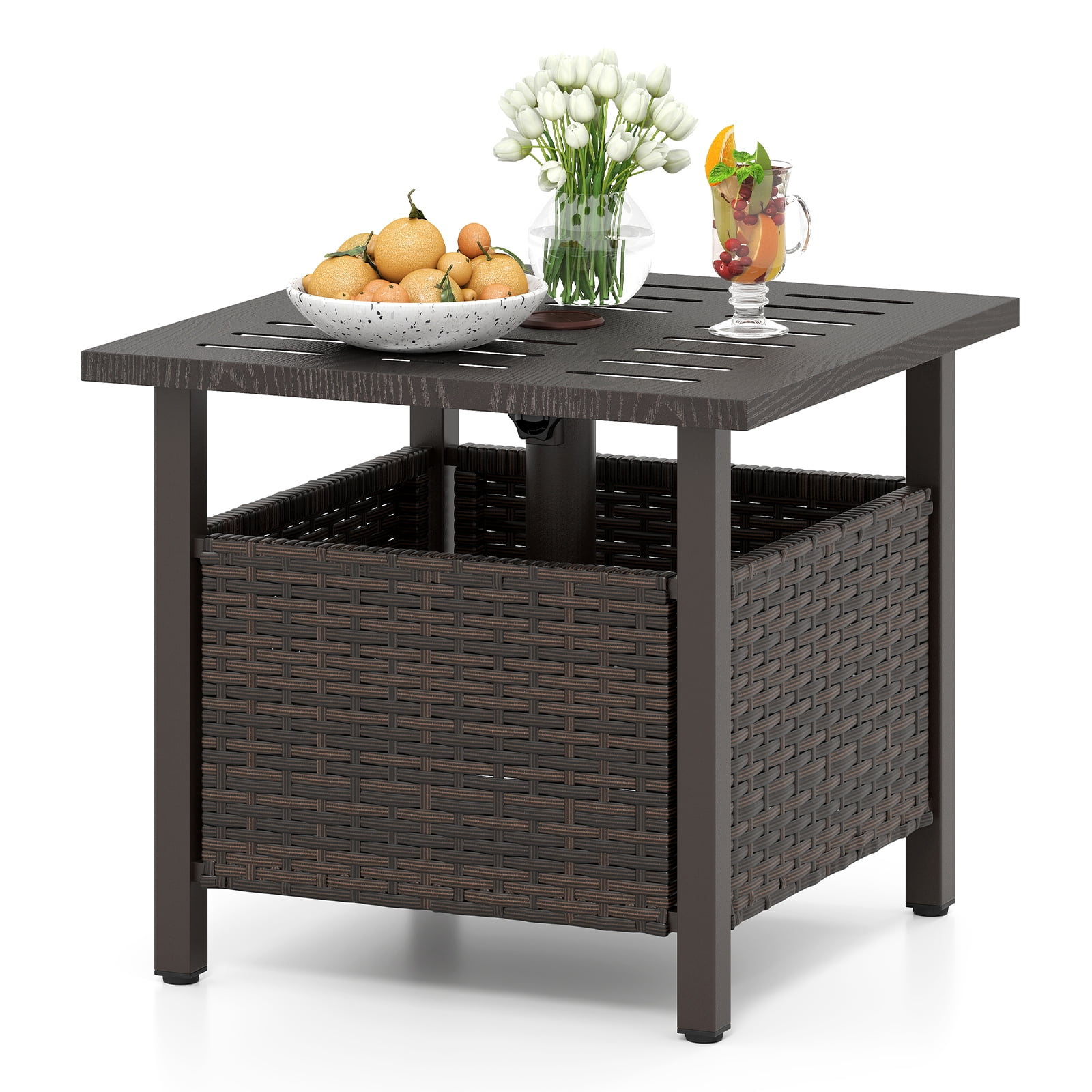 Topbuy Outdoor Side Table with 1.93" Umbrella Hole All-Weather PE Wicker Patio Umbrella Table with Rustproof Frame