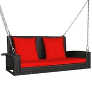Topbuy Outdoor Wicker Porch Swing Bench 2-Person Patio Rattan Swing Chair W/ Soft Cushions Red