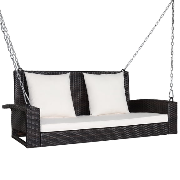 Topbuy Outdoor Wicker Porch Swing Bench 2-Person Patio Rattan Swing Chair W/ Soft Cushions White