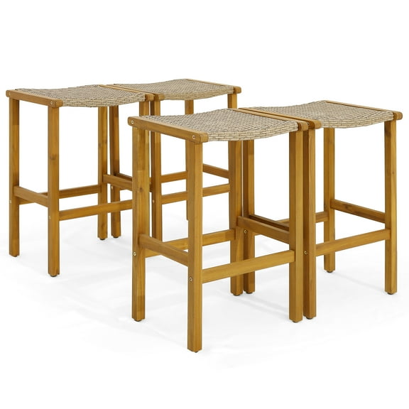 Topbuy Outdoor Wood Bar Stools Set of 4 30” Bar Height Acacia Wood Stools with PE Rattan Saddle Seat Outdoor Wicker Bar Chairs