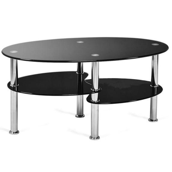 Topbuy Oval Dining Table Tempered Glass Top Tea table w/ Chrome Base for Living Room Black