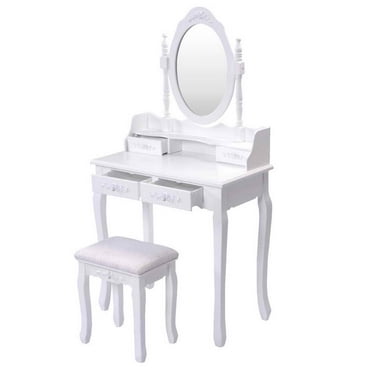 Topbuy Oval Mirror 4 Drawer Vanity Mirror Makeup Table w/ Cushioned Stool White