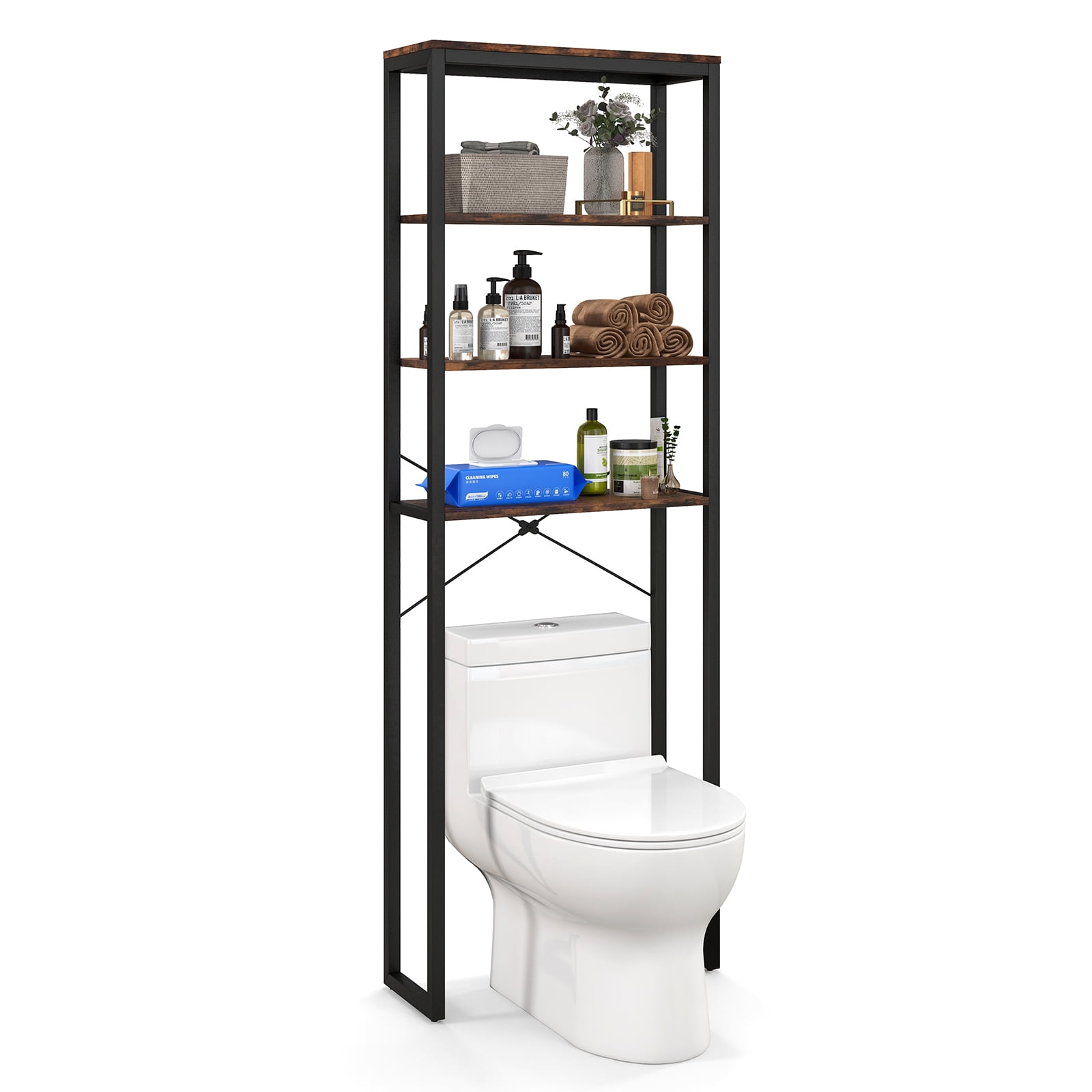 Rustic Brown 4-Tier Over-the-Toilet Storage Rack with Adjustable Feet