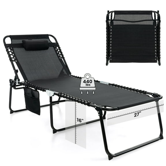 Topbuy Oversize Folding Chaise Lounge Portable Patio Sun Lounger with Adjustable Backrest Detachable Pillow & Pocket Black