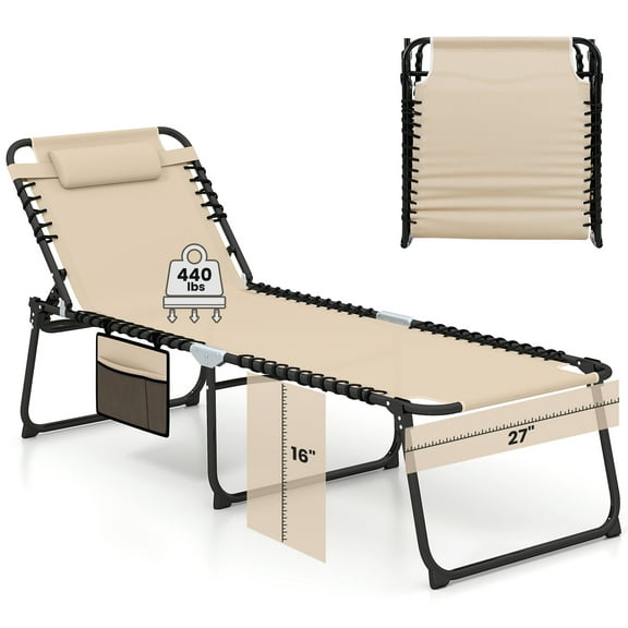 Topbuy Oversize Folding Chaise Lounge Portable Patio Sun Lounger with Adjustable Backrest Detachable Pillow & Pocket Beige