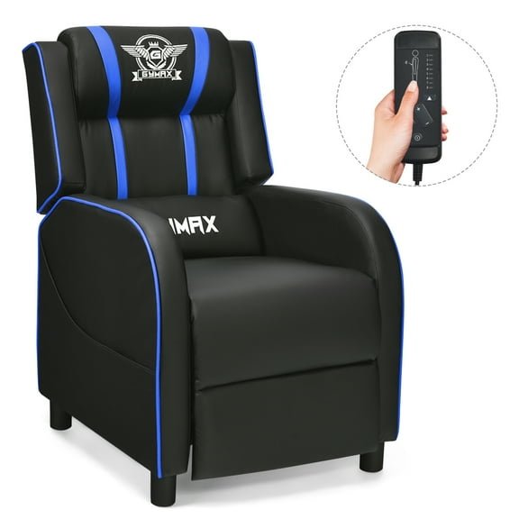Topbuy PU Leather Gaming Recliner Chair Single Massage Lounge Sofa W/ Lumbar Cushion Blue