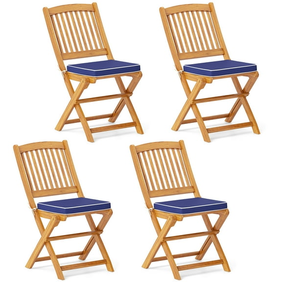 Topbuy Patio Folding Chair Set of 4 Portable Acacia Wood Dining Chairs with High Back & Seat Cushions Navy