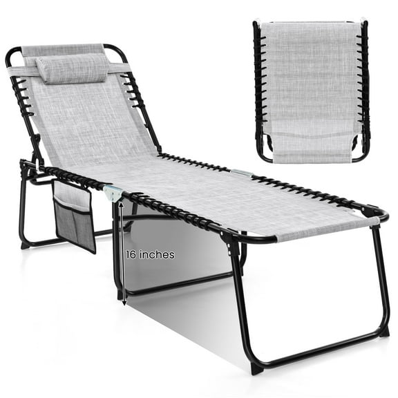 Topbuy Patio Folding Chaise Lounge Chair Portable Sun Lounger with Adjustable Backrest & Detachable Pillow Gray