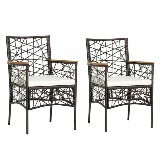 Topbuy Patio PE Rattan Dining Chairs Set of 2 Patio PE Wicker Armchairs with Removable Cushions and Acacia Wood Armrests