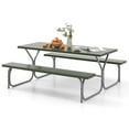 thumbnail image 1 of Topbuy Picnic Table Bench Set for 8 Person Outdoor Camping Table & 2 Benches with Metal Frame All-Weather Tabletop Green, 1 of 10