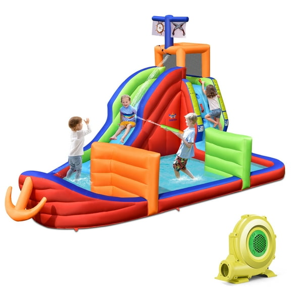 Topbuy Pirate-Themed Inflatable Kids Water Slide w/ Splash Pool & Climb Wall Indoor Outdoor Water Jumping Castle (with 735W Blower)