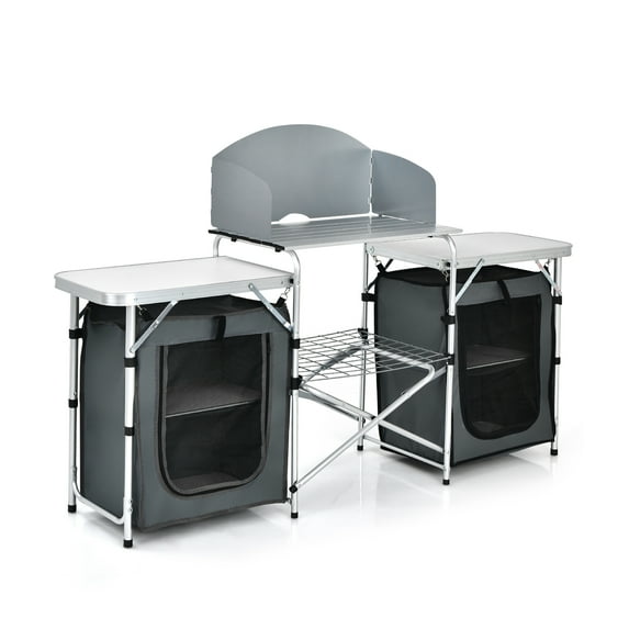 Patiojoy Portable Camping Kitchen Table Aluminum Fold-Up Camping Kitchen with Windscreen for BBQ, Picnic, Party Gray