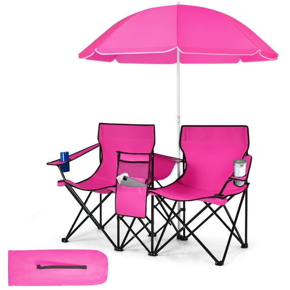 Topbuy Portable Double Camping Chair Folding Picnic Loveseat W/ Removable Adjustable Umbrella Carrying Bag Side Pocket & Cupholder Pink