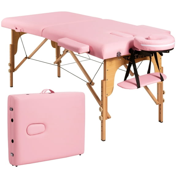 Patiojoy Portable Massage Table Adjustable Spa Bed Wooden Legs with Face Cradle & Carry Case Pink
