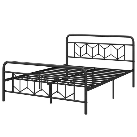 Patiojoy Queen Metal Bed Frame Platform Bed with Diamond Accented Headboard & Footboard Black
