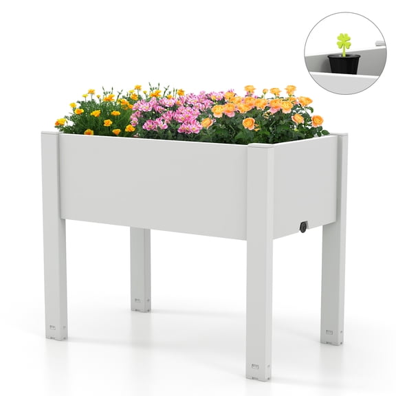 Patiojoy Raised Bed Grow Box  53L Self-Watering Planter Box Stand w/ Water Level Monitor Water Drainage Hole  Detachable Crossbar Greyish-white