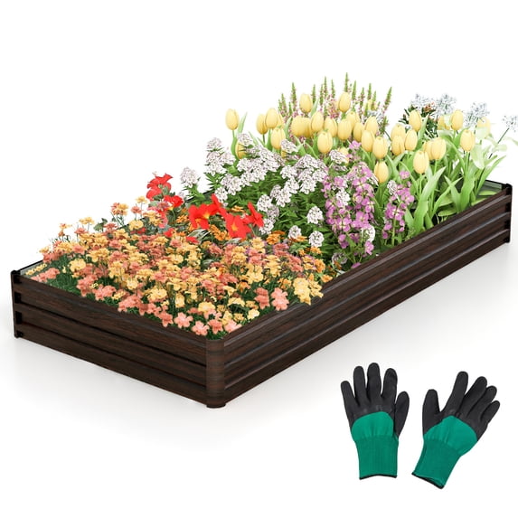 Topbuy Brown Metal Raised Garden Bed 8 ft x 4 ft x 1 ft Planter Box with Reinforced Bracket