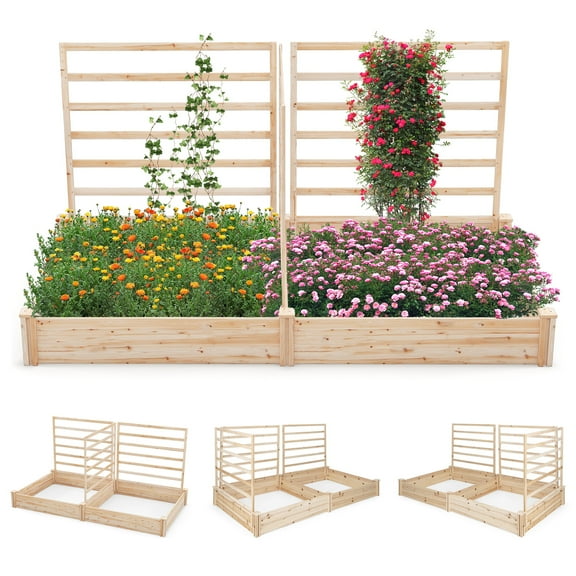 Topbuy Raised Garden Bed with 3 Trellises Outdoor Wood Planter Box with Divided Compartments