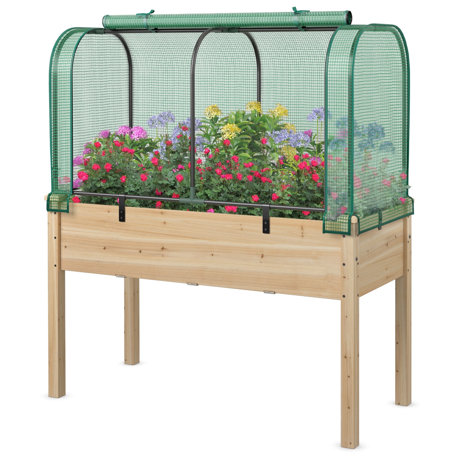 Topbuy Raised Garden Bed with Greenhouse Waterproof Sun-Protective Green Hot House Green+Natural