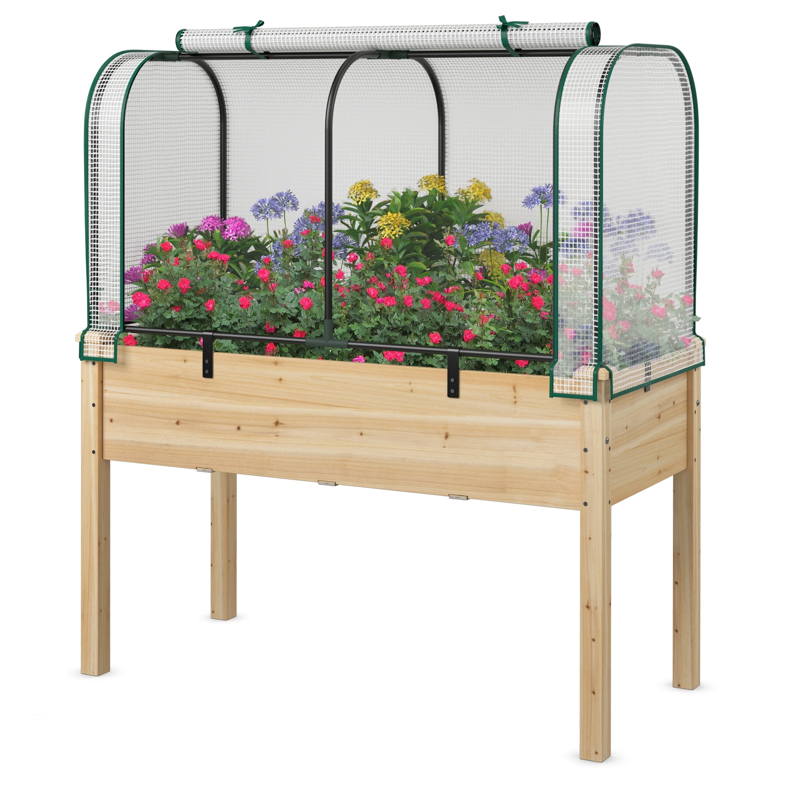 Topbuy Raised Garden Bed with Greenhouse Waterproof Sun-Protective Green Hot House White+Natural