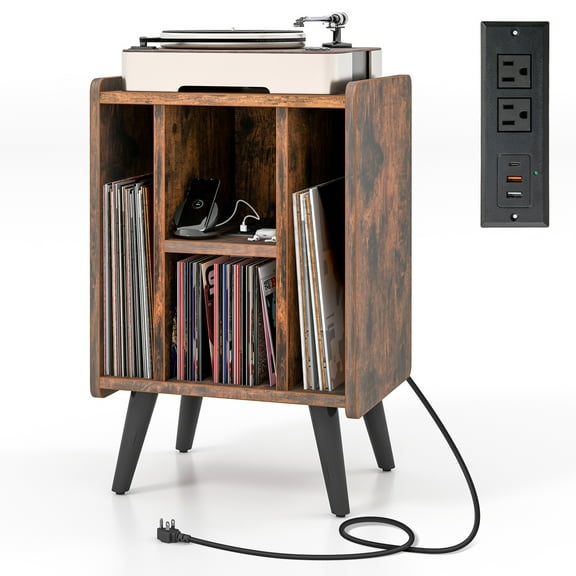 Topbuy Record Player Stand w/ Charging Station & USB Ports, Nightstand Side Table w/ Vinyl Storage Cabinet for Living Room Bedroom, Album Display Shelf Turntable Brown