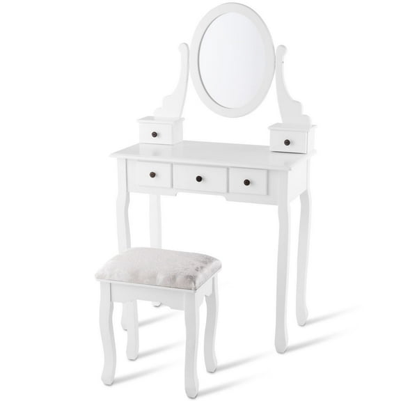 Topbuy Removable Mirror Vanity Table Unit Makeup Set w/ Padded Stool & 5 Dawers White