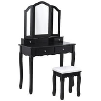Topbuy Removable Tri-folding Mirror Vanity Table Unit Makeup Set w/  Stool & 4 Drawers Black