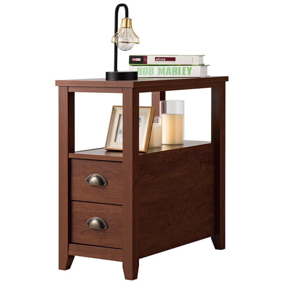 Topbuy Retro Wooden Side End Table Rectangular Nightstand W/ 2 Drawers and Shelf Brown