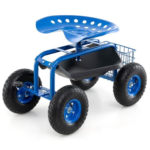 Topbuy Rolling Garden Cart Wagon Scooter w/ 360° Swivel Seat & Storage Tray & Basket Blue