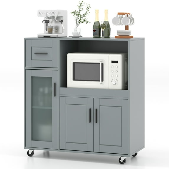 Topbuy Rolling Kitchen Island with Wheels Kitchen Cart with Drawer and Glass Door Cabinet