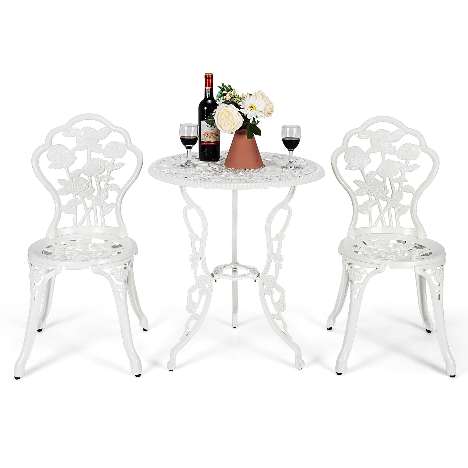 White Cast Aluminum Rose Design Outdoor Bistro Set