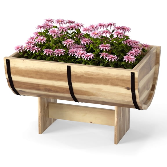Patiojoy Rustic Half Barrel Planters Wooden Flower Boxes with Acacia Wood Frame