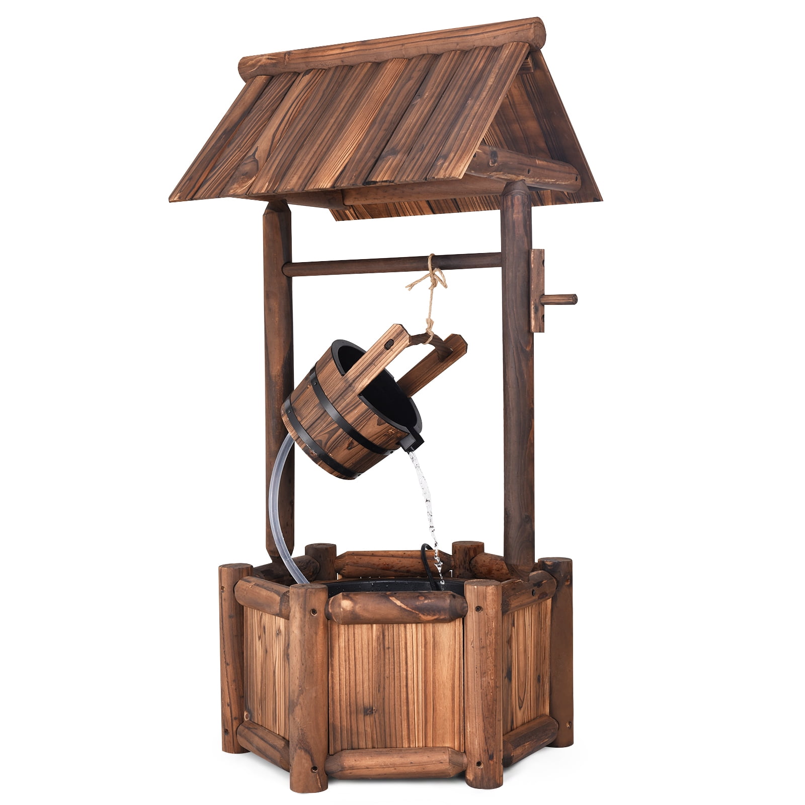 Patiojoy Rustic Wishing Well Water Fountain Wooden Decorative Electric Backyard with Electric and Water Bucket Pump for Outdoor