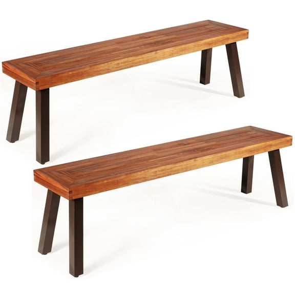 Patiojoy Set of 2 Natural Outdoor Acacia Wood Bench Patio Backless Dining Wood Bench