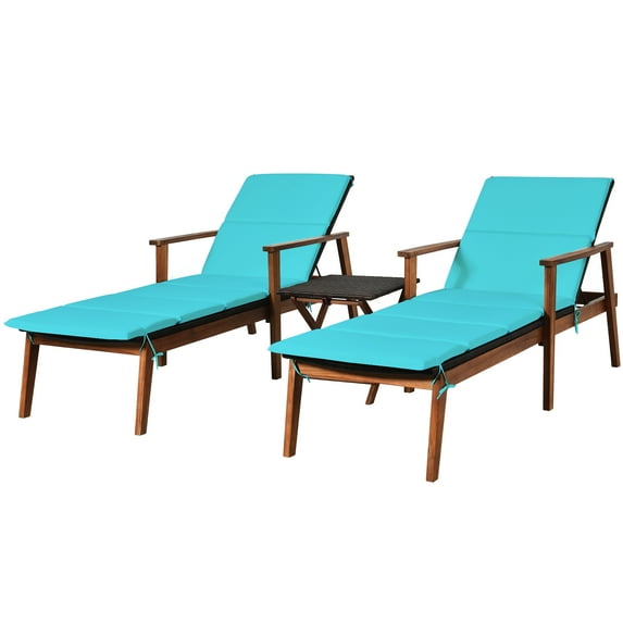 Topbuy Set of 3 Chaise Lounge Chair Set Acacia Wood Frame Adjustable Backrest W/Turquoise Cushions