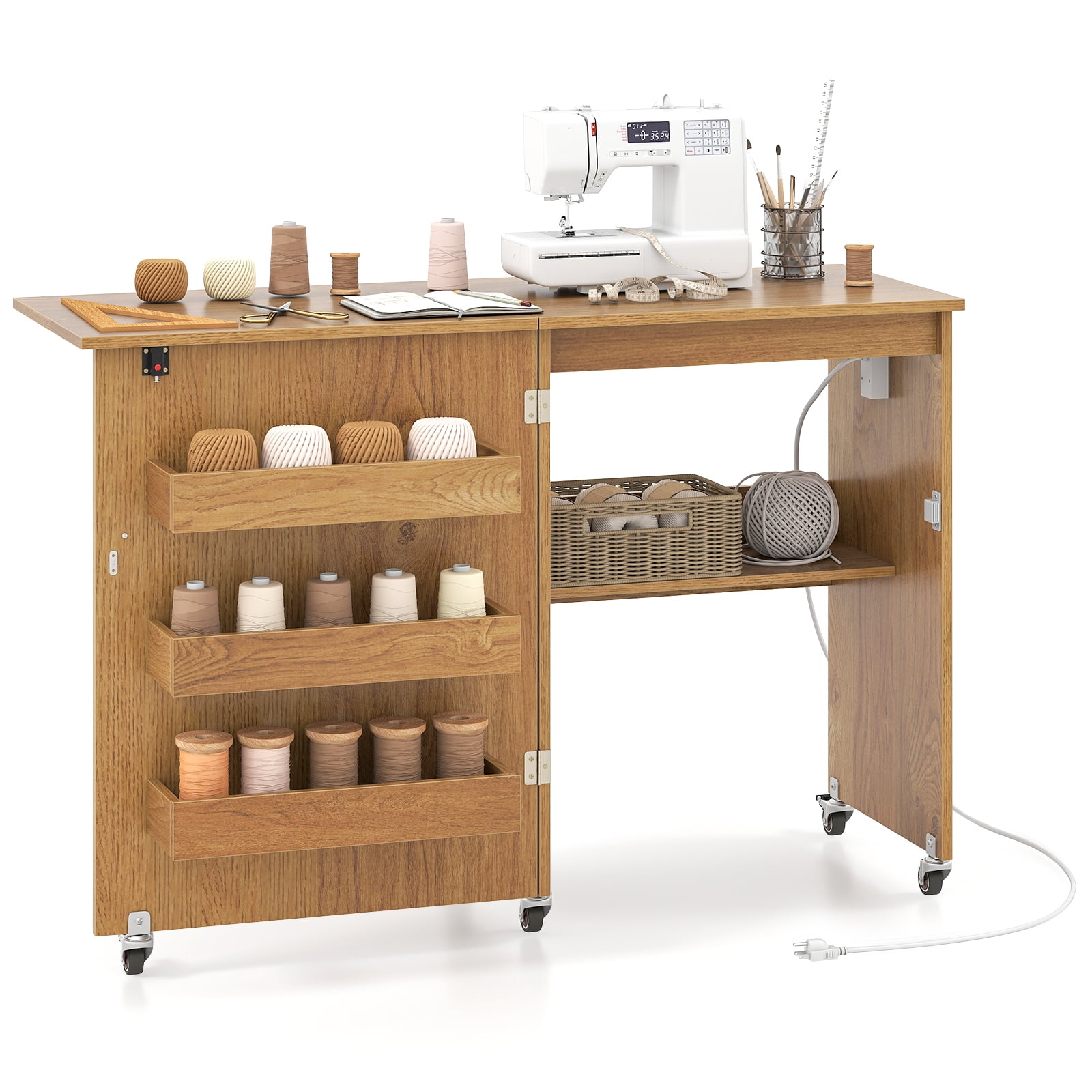 Patiojoy Sewing Machine Table with Charging Station Folding Sewing Cabinet w/Lockable Casters Natural