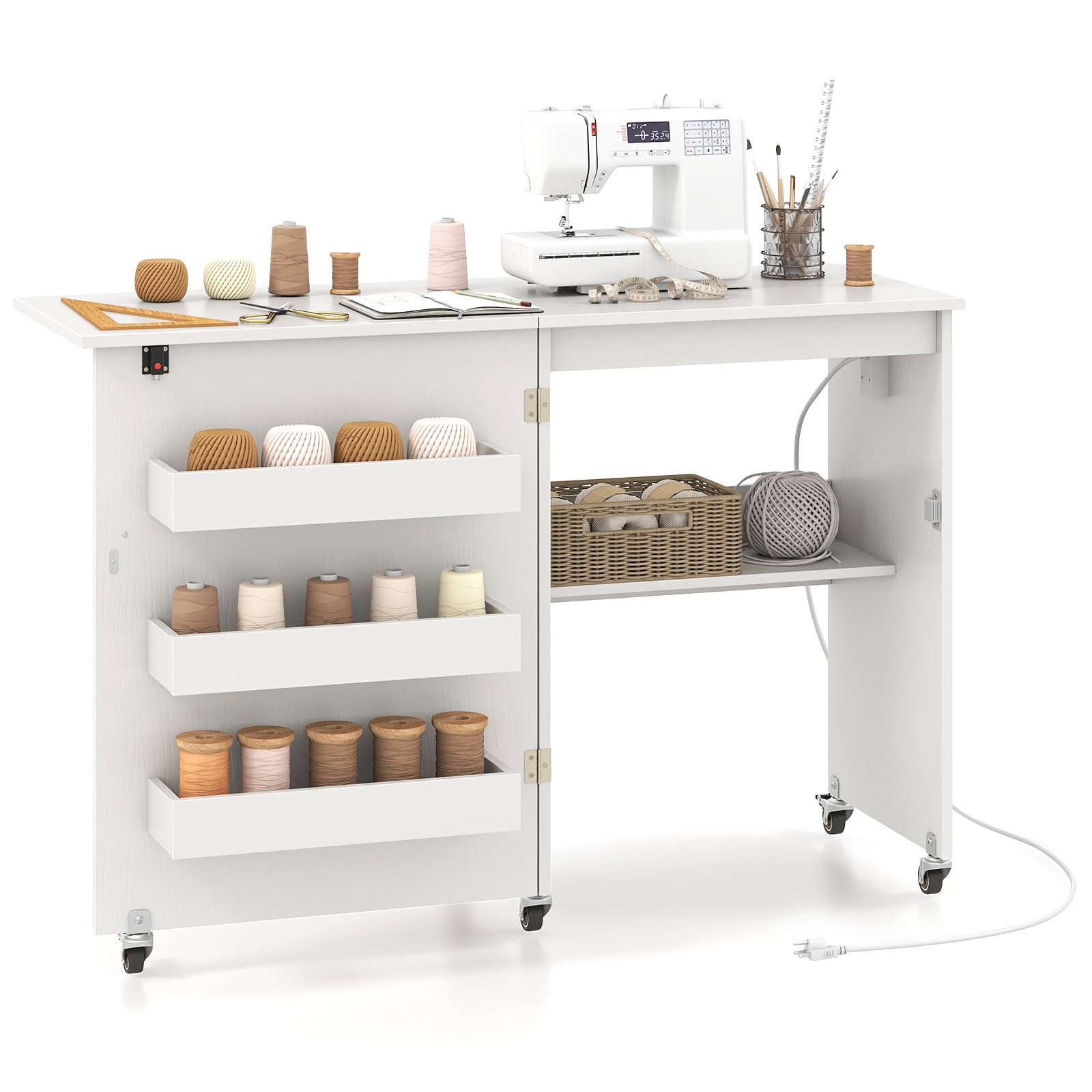 Topbuy Sewing Machine Table with Charging Station Folding Sewing Cabinet w/Lockable Casters White