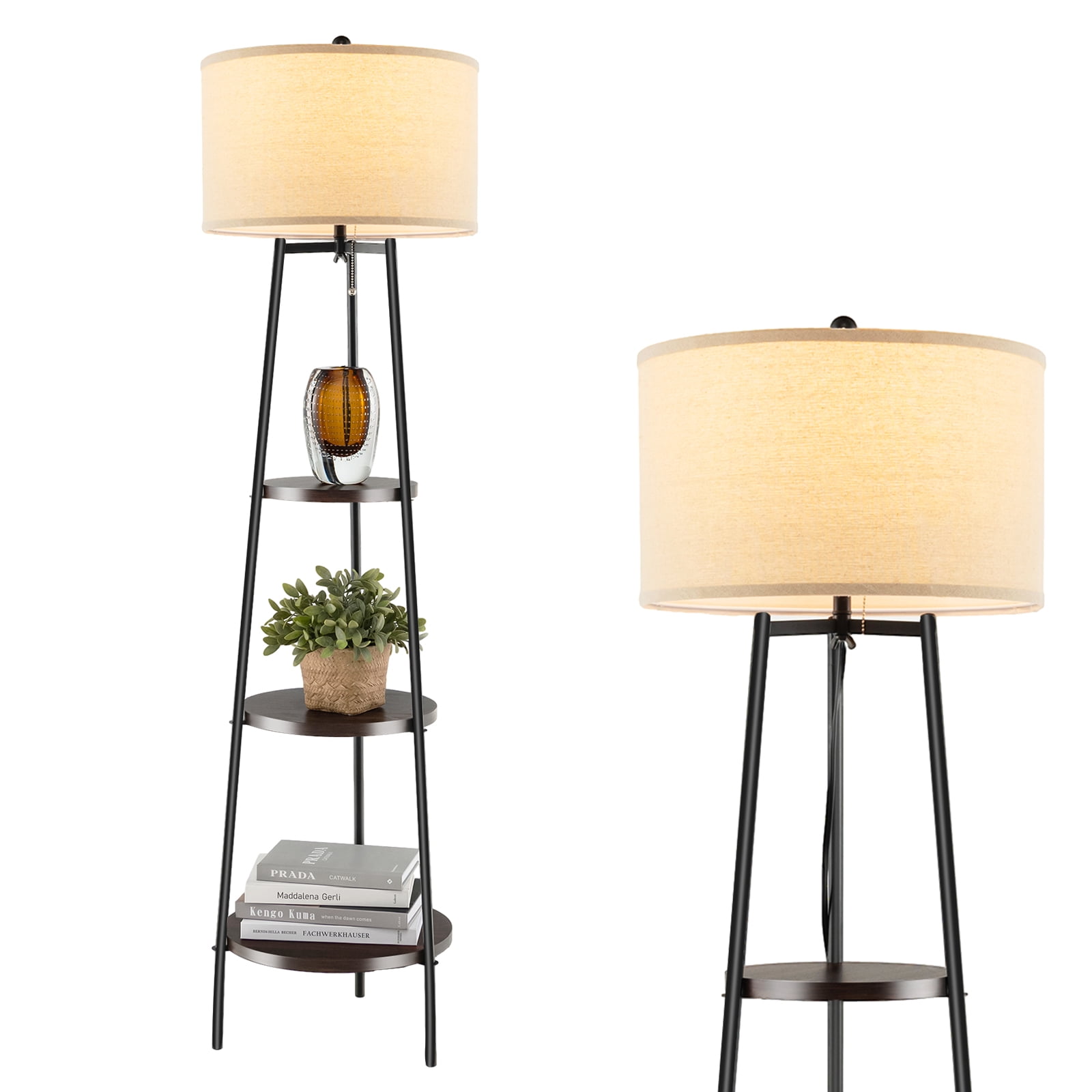 Patiojoy Shelf Floor Lamp Corner Floor Lamp w/ 3-tier Shelves & Linen Lampshade Modern Standing Tall Bookshelf Lamp