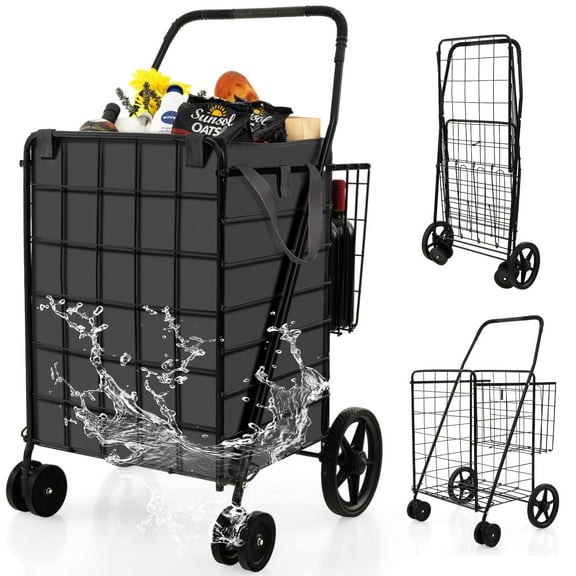Patiojoy Shopping Cart w/ Oxford Liner Folding Grocery Cart w/ Universal Front Wheels 32 Gal Large Capacity