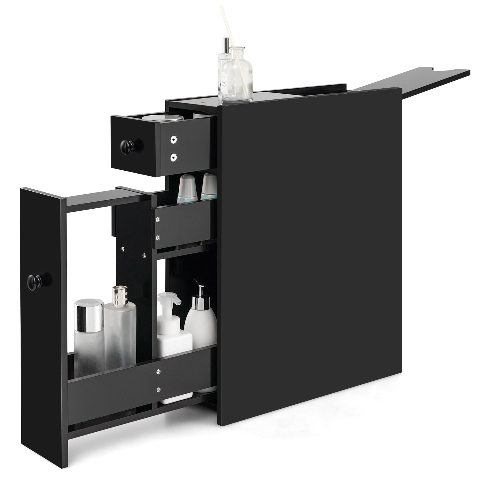 Black MDF Slim Bathroom Storage Cabinet with Slide Out Drawers