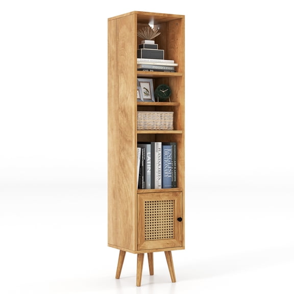 Topbuy Slim Tall Rattan Storage Cabinet Boho Accent Bookshelf w/ Rattan Door 12-Position Adjustable Shelf & Solid Wood Legs Natural