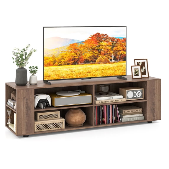 Topbuy TV Stand for 65 Inches TVs Modern Entertainment Center with 8 Open Shelves & 4 Cable Holes MDF TV Console Table Light Grey